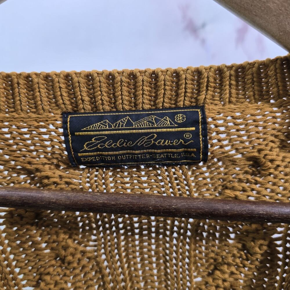 Vintage Eddie Bauer Sweater Womens XL Mustard V Neck 90s Cable Knit Fisherman - Picture 3 of 10